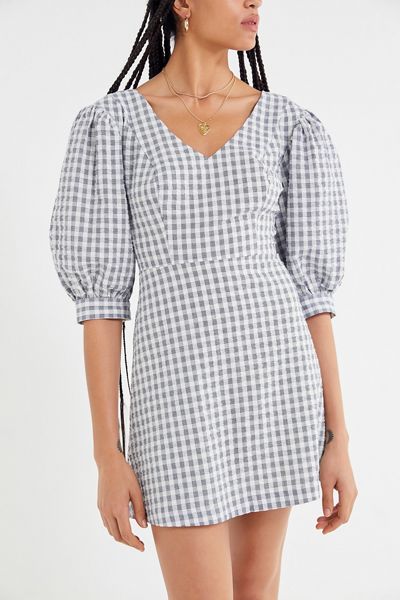 UO Lena Gingham Puff Sleeve Mini Dress