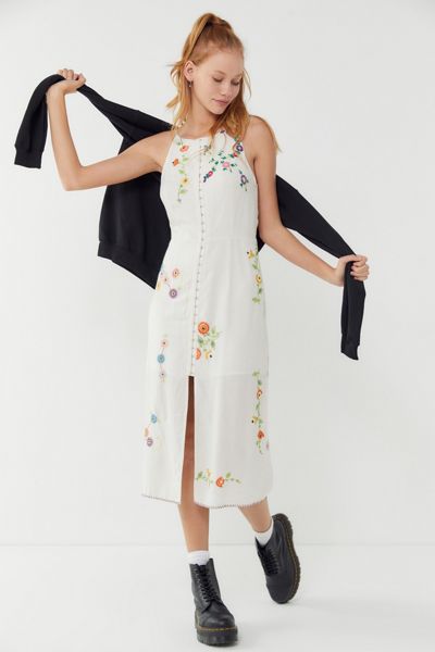 UO Josie Floral Embroidered Linen Midi Dress