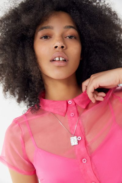 UO Cali Sheer Organza Mini Shirt Dress