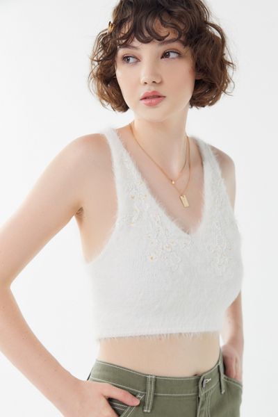 UO Kara Embroidered Cropped Sweater Tank Top