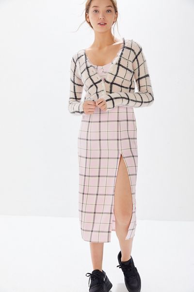 UO Cher Fuzzy Plaid Cropped Cardigan