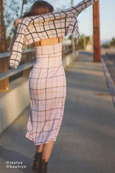 UO Cher Plaid Satin Midi Dress