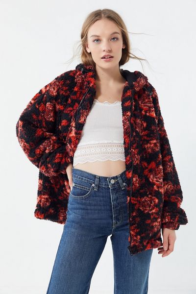 UO Wilma Floral Hooded Zip-Front Teddy Jacket