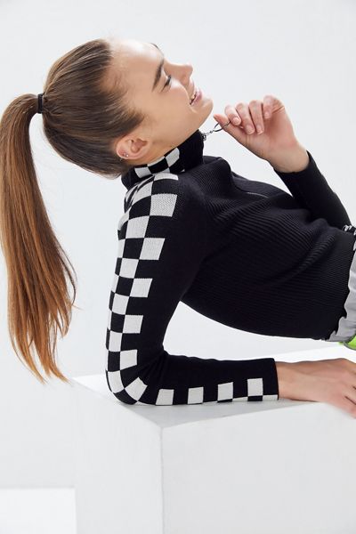 UO Checkered Half-Zip Cropped Sweater