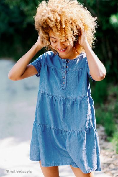 UO Chambray Tiered Short Sleeve Frock Dress