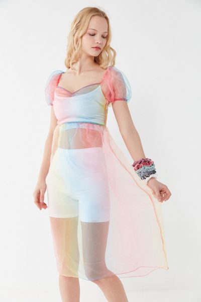 UO Rainbow Organza Puff Sleeve Midi Dress
