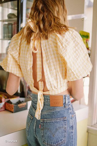 UO Nicolette Gingham Balloon Sleeve Cropped Top