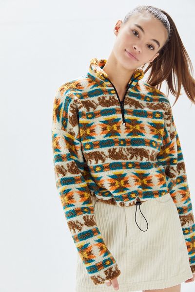 UO Printed Fleece Half-Zip Pullover Sweatshirt