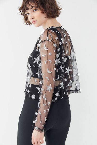 Motel Ether Glitter Stars Mesh Long Sleeve Top