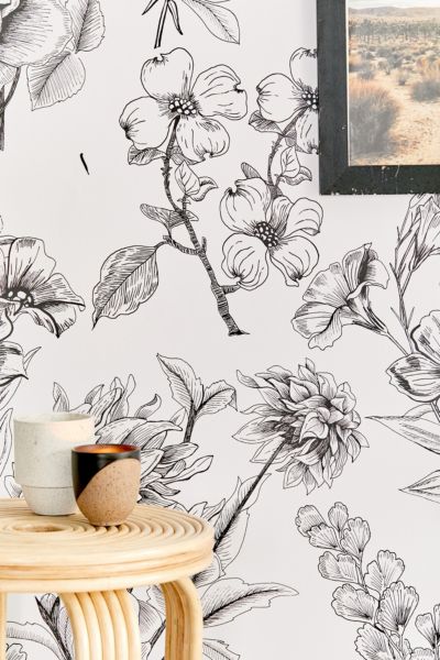 Urban Outfitters Mckenna Etched Floral Removable Wallpaper In Black + White