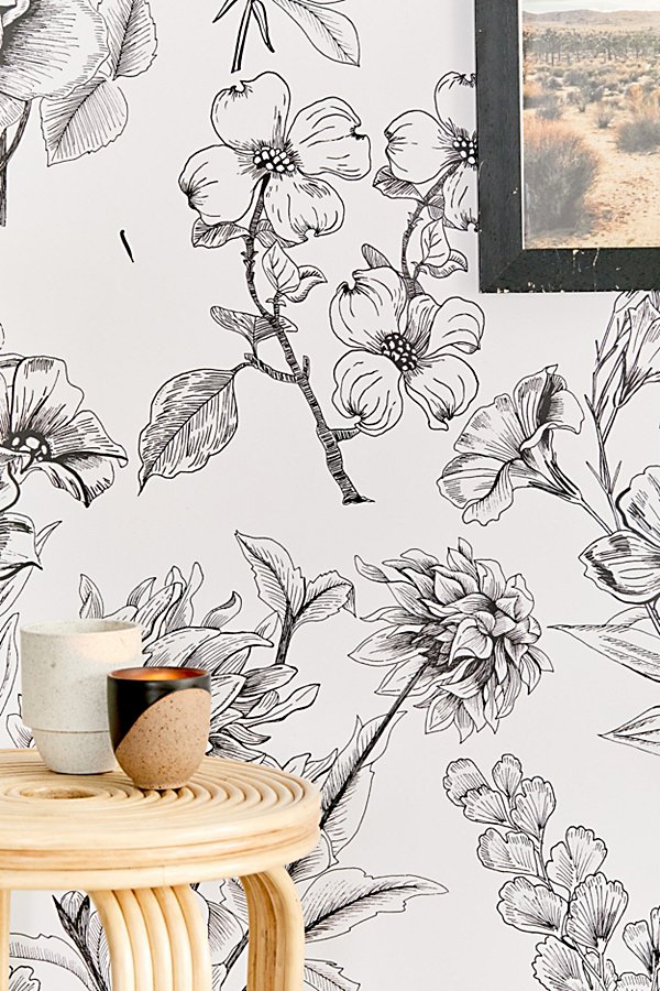 Urban Outfitters Mckenna Etched Floral Removable Wallpaper In Black + White