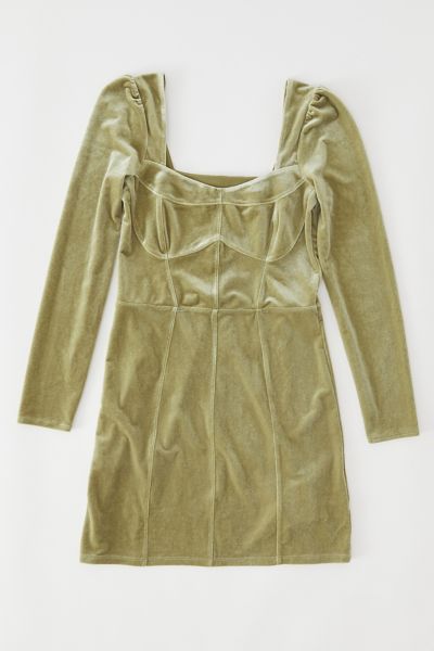 Urban Outfitters Uo Velvet Long Sleeve Mini Dress In Green