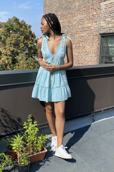 Urban Outfitters Uo Forever Embroidered Mini Babydoll Dress In Sky