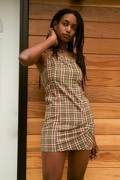 Urban Outfitters Uo Monica Plaid Square Neck Mini Dress In Green Multi