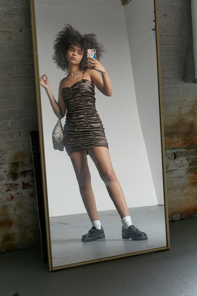 princess polly baby blue dress Urban Outfitters Uo Iris Satin Ruched Mini Dress In Brown