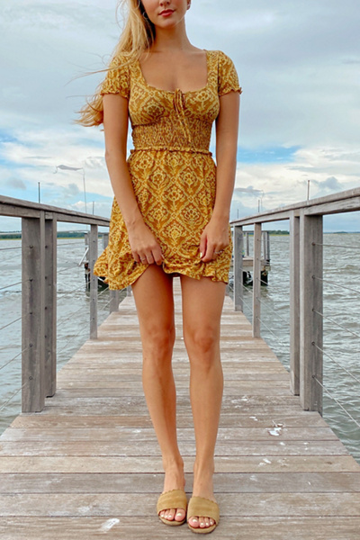 open lace back dress Urban Outfitters Flowered Yellow And Orange Print With Black Polka Dots  Bubble Sleeves (Size XS)