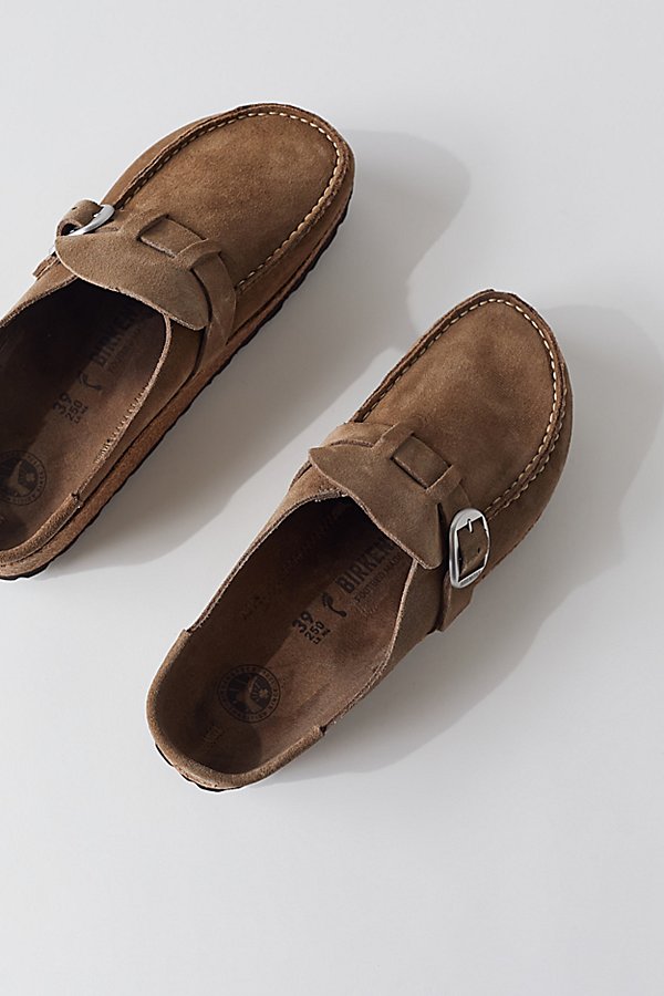 BIRKENSTOCK BUCKLEY SUEDE MOCCASIN CLOG IN GREY TAUPE AT URBAN OUTFITTERS