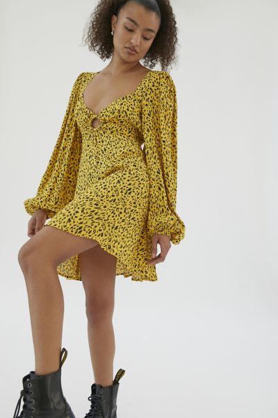 Afrm Art Print Long Sleeve Mini Dress In Gold Leopard Modesens