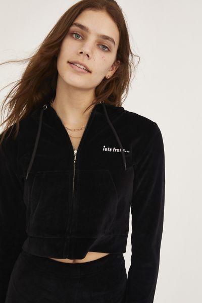 Iets Frans Velour Zip front Hoodie Sweatshirt In Black