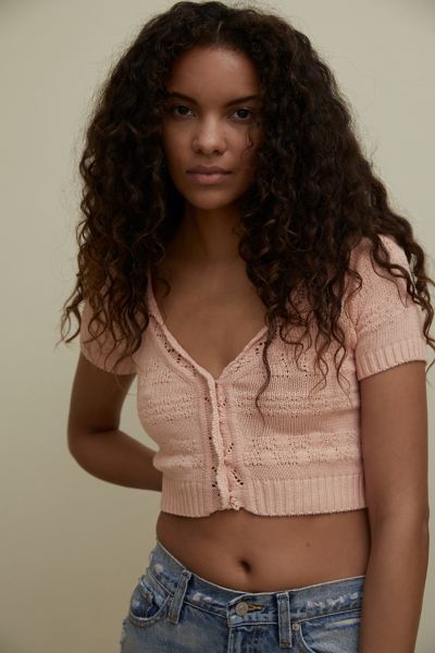 Urban Outfitters Uo Brenda Short Sleeve Cardigan In Peach
