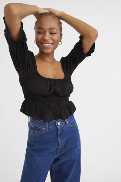 Urban Outfitters Uo Kate Smocked Ruffle Blouse In Black
