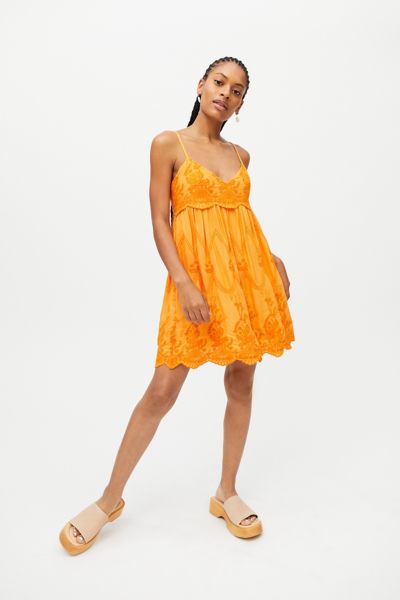 Urban Outfitters Uo Jamie Embroidered Babydoll Frock Dress In Orange