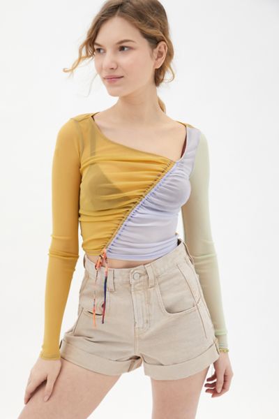 Urban Outfitters Uo Shona Cinched Cropped Mesh Top In Purple