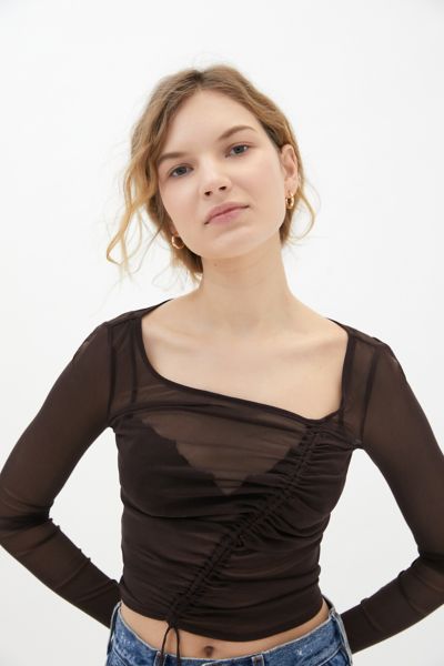 Urban Outfitters Uo Shona Cinched Mesh Top In Dark Brown