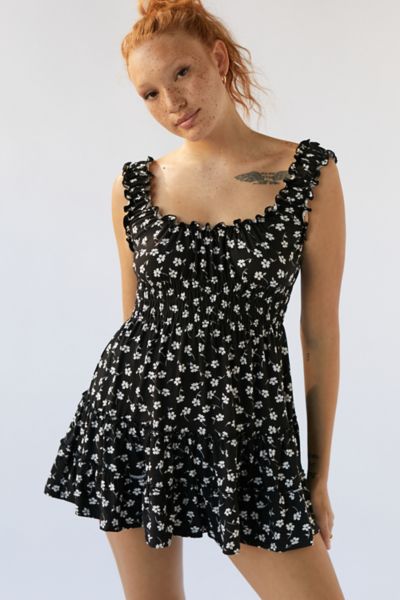 Urban Outfitters Uo Lizzy Smocked Floral Mini Dress In Black