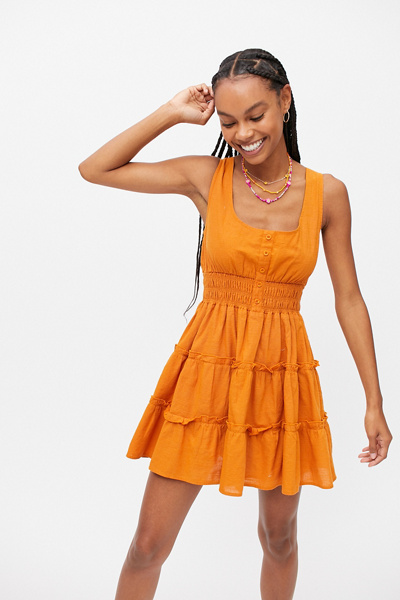 urban outfitters orange mini dress Urban Outfitters Uo Bibi Printed Babydoll Mini Dress in Orange