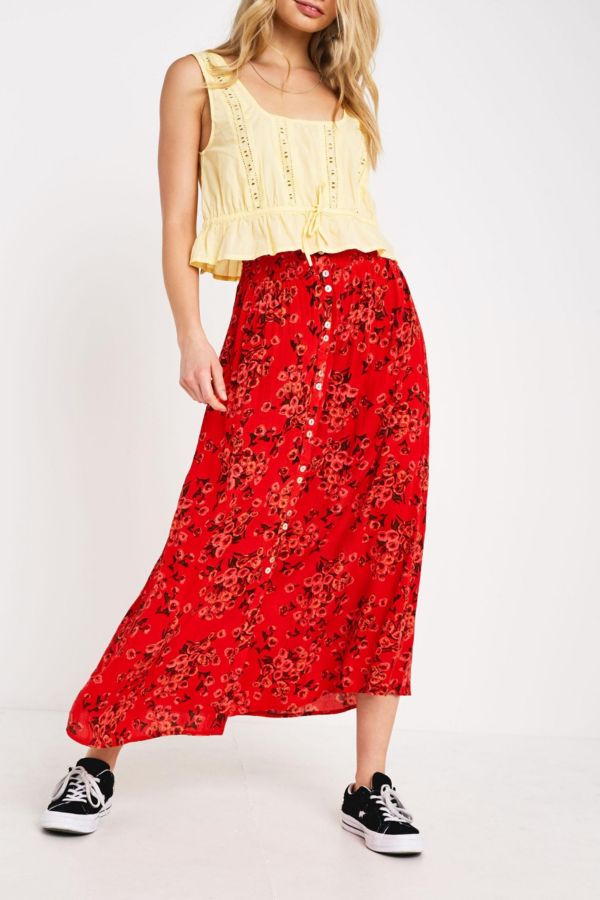 UO Floral Beach Button-Through Midi Skirt | Urban Outfitters