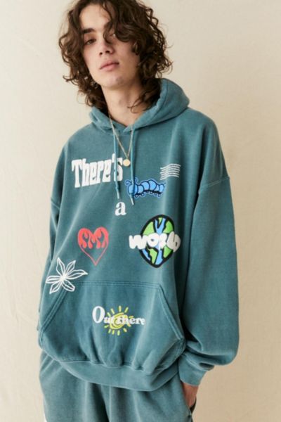 Urban Outfitters Uo Teal Puff-print World Hoodie Sweatshirt In Green